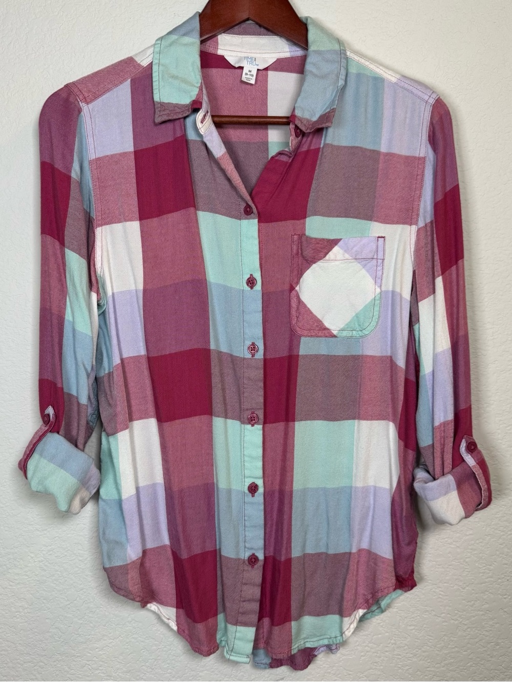 Women’s Multicolor Plaid Viscose Bamboo Maroon Mint Button Down Shirt Medium